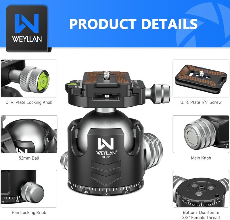 WEYLLAN Low Profile Ball Head 52mm Tripod Head DH52 Camera Head Mount, CNC Heavy Duty Ball Head with Two 1/4" Quick Release Plates, Panoramic Ballhead for Tripod, Monopod, DSLR, Max Load 66lbs /30kg - Image 2